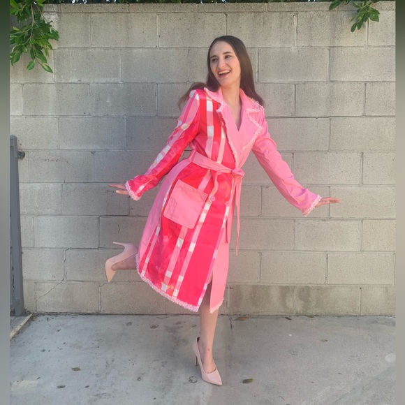 SHEIN X CHIASMO Plaid Print Raw Trim Double Breasted Belted Trench Coat - Picture 8 of 8